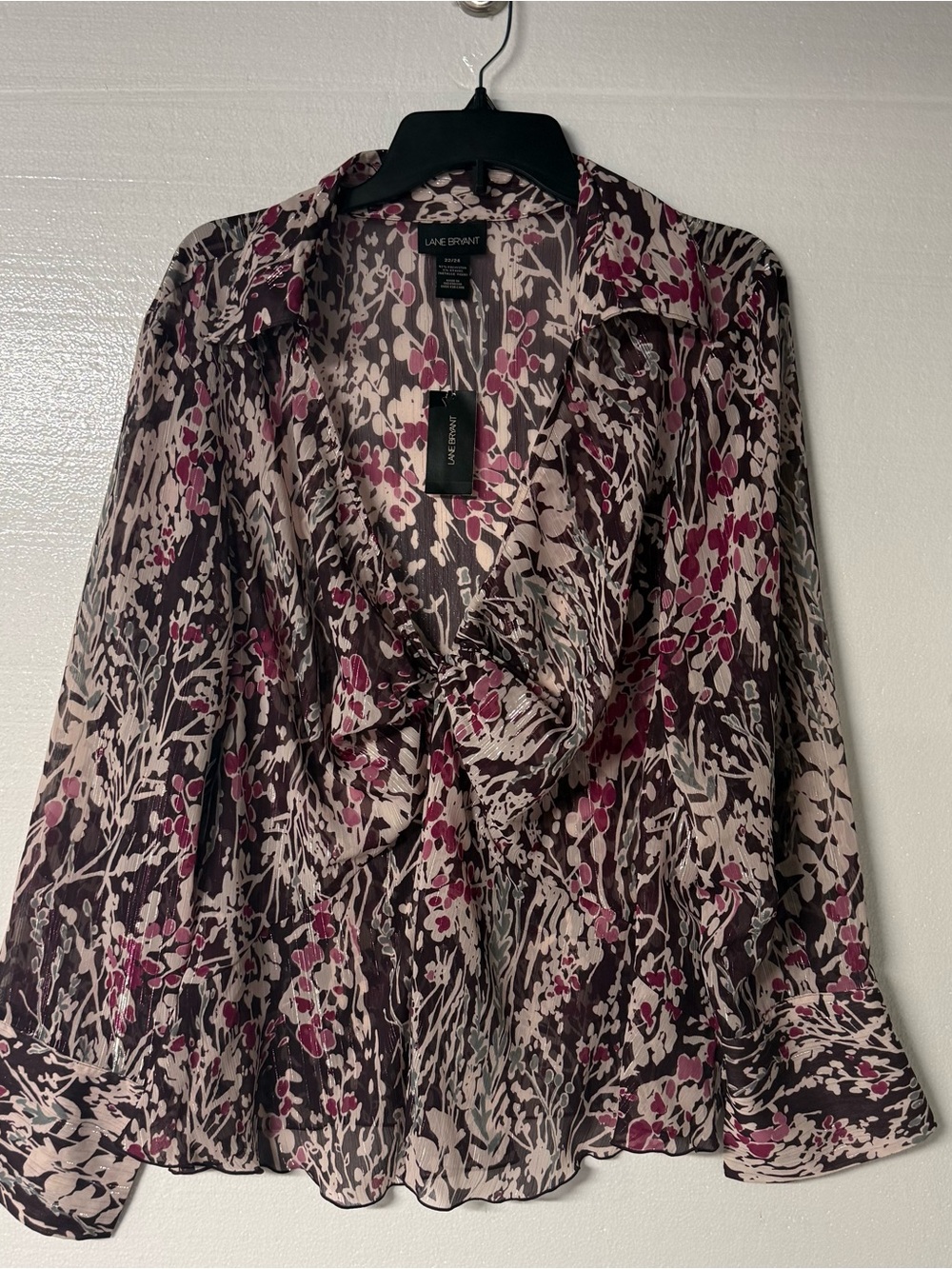 Lane Bryant Women 22 Floral Ruffle Deep V Neck Blouse Sheer Metallic Long Sleeve